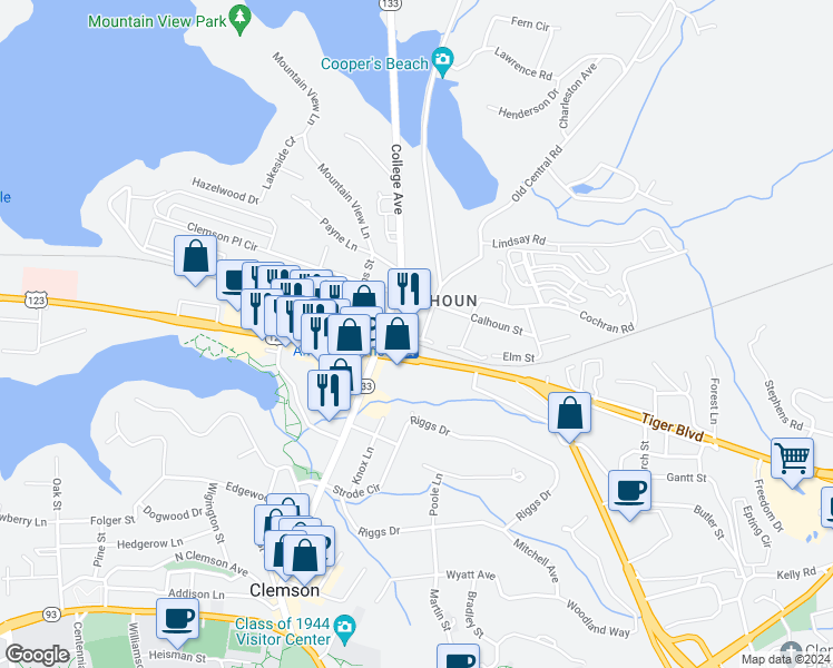map of restaurants, bars, coffee shops, grocery stores, and more near 103 Clemson Street in Clemson