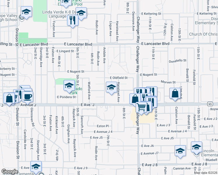 map of restaurants, bars, coffee shops, grocery stores, and more near 44509 North Tabler Avenue in Lancaster