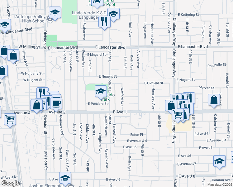 map of restaurants, bars, coffee shops, grocery stores, and more near 44506 Sancroft Avenue in Lancaster