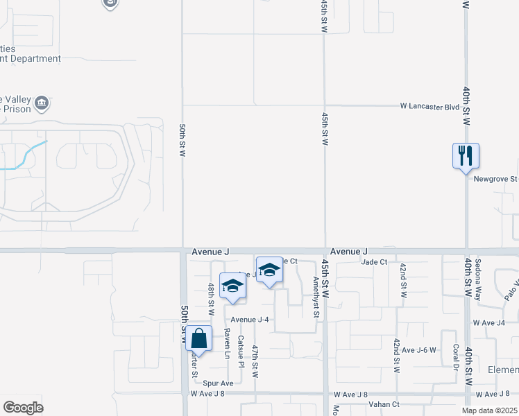 map of restaurants, bars, coffee shops, grocery stores, and more near 47th Street West in Lancaster