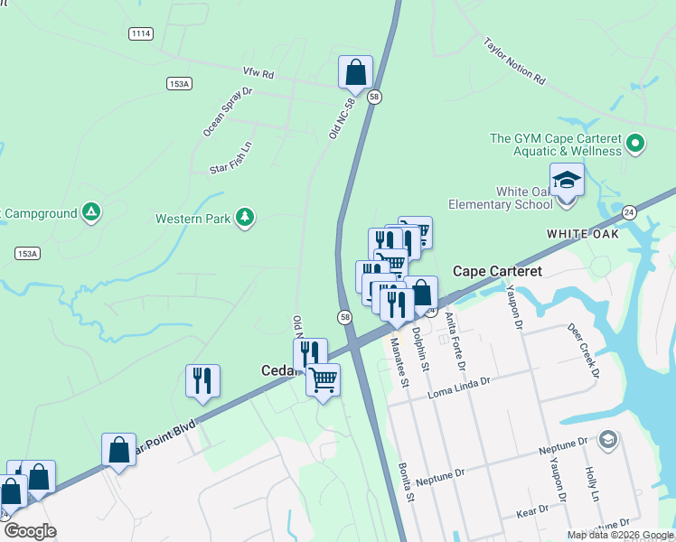 map of restaurants, bars, coffee shops, grocery stores, and more near 334 N Carolina 58 in Swansboro