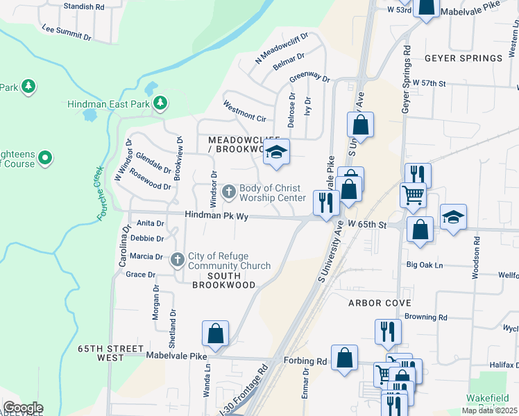 map of restaurants, bars, coffee shops, grocery stores, and more near 6 Sheraton Circle in Little Rock