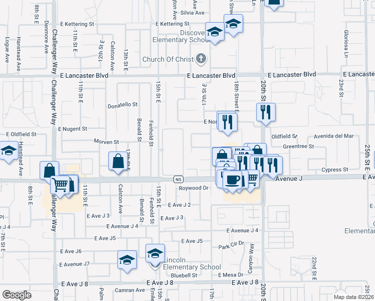 map of restaurants, bars, coffee shops, grocery stores, and more near 44511 16th Street East in Lancaster