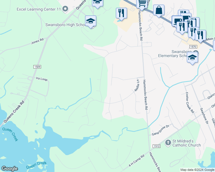 map of restaurants, bars, coffee shops, grocery stores, and more near 213 Pigeon Lane in Swansboro