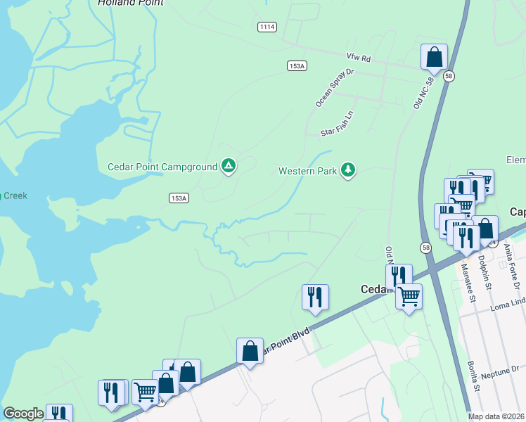 map of restaurants, bars, coffee shops, grocery stores, and more near 619 Ocean Spray Drive in Swansboro