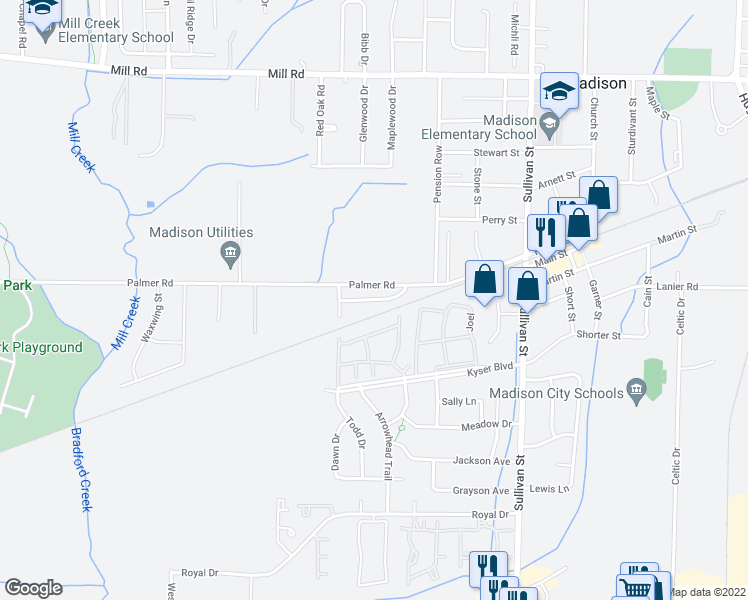 map of restaurants, bars, coffee shops, grocery stores, and more near 115 Railroad Ridge Road in Madison