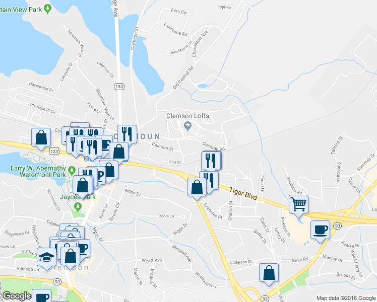 map of restaurants, bars, coffee shops, grocery stores, and more near 110 Cochran Road in Clemson