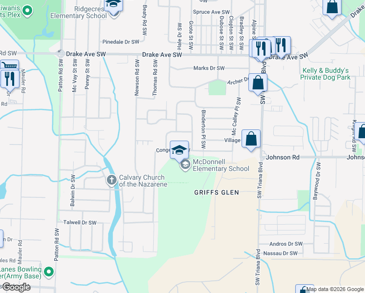 map of restaurants, bars, coffee shops, grocery stores, and more near 3916 Pickett Drive Southwest in Huntsville
