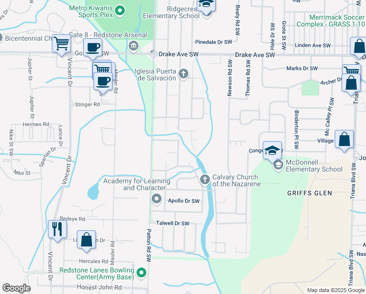 map of restaurants, bars, coffee shops, grocery stores, and more near 4101 Broyles Avenue Southwest in Huntsville
