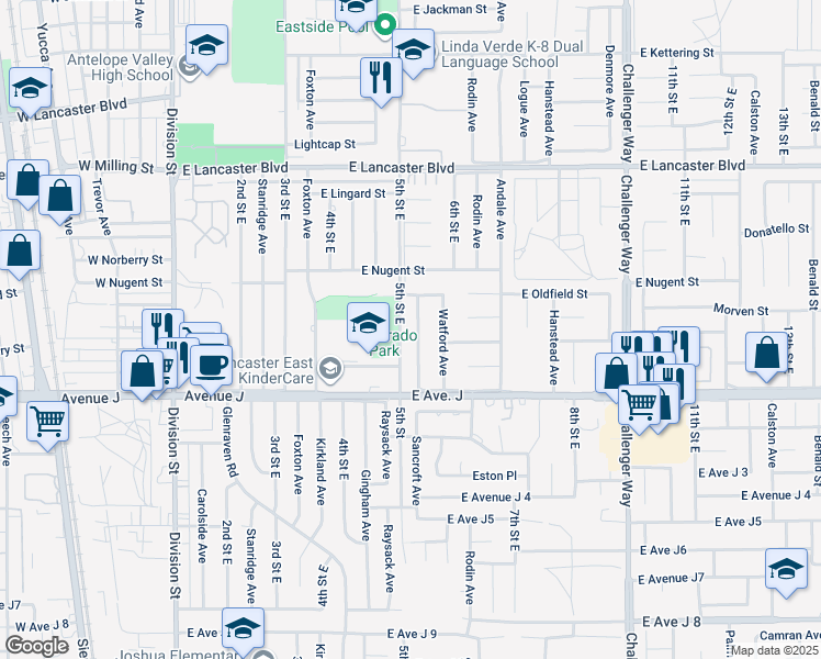 map of restaurants, bars, coffee shops, grocery stores, and more near 44507 Sancroft Avenue in Lancaster