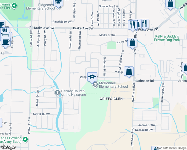 map of restaurants, bars, coffee shops, grocery stores, and more near 3916 Pickett Drive Southwest in Huntsville