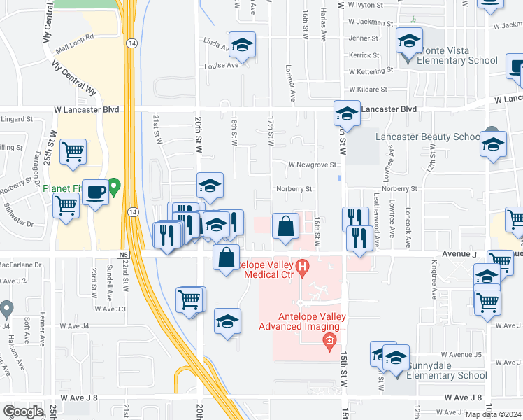 map of restaurants, bars, coffee shops, grocery stores, and more near 44516 Camolin Lane in Lancaster