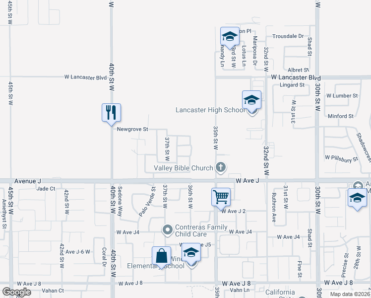 map of restaurants, bars, coffee shops, grocery stores, and more near 3614 West Oldfield Street in Lancaster