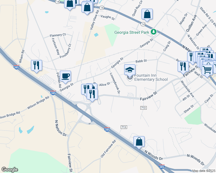 map of restaurants, bars, coffee shops, grocery stores, and more near 103 Alice Street in Fountain Inn