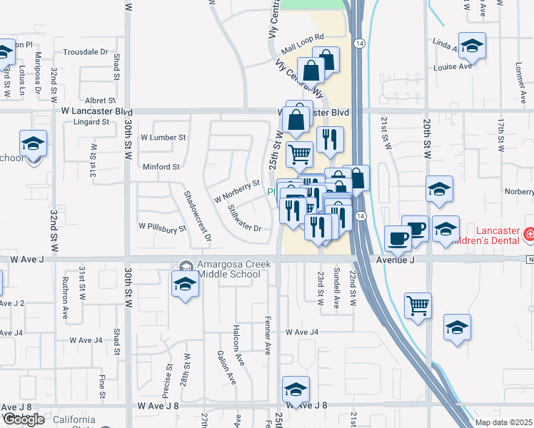 map of restaurants, bars, coffee shops, grocery stores, and more near 44515 Tarragon Drive in Lancaster