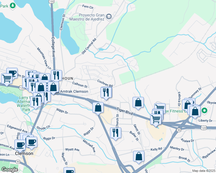map of restaurants, bars, coffee shops, grocery stores, and more near 138 Cochran Road in Clemson