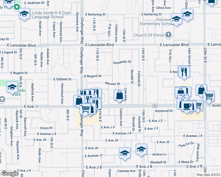 map of restaurants, bars, coffee shops, grocery stores, and more near 44502 Palm Vista Avenue in Lancaster