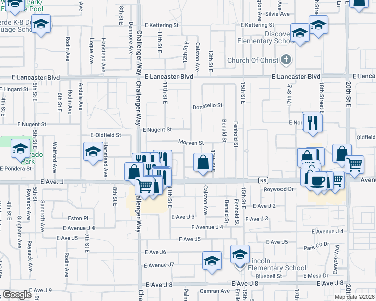 map of restaurants, bars, coffee shops, grocery stores, and more near 44502 Palm Vista Avenue in Lancaster
