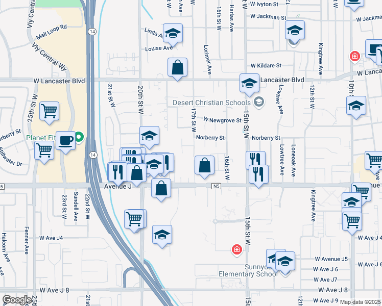 map of restaurants, bars, coffee shops, grocery stores, and more near 44528 17th Street West in Lancaster