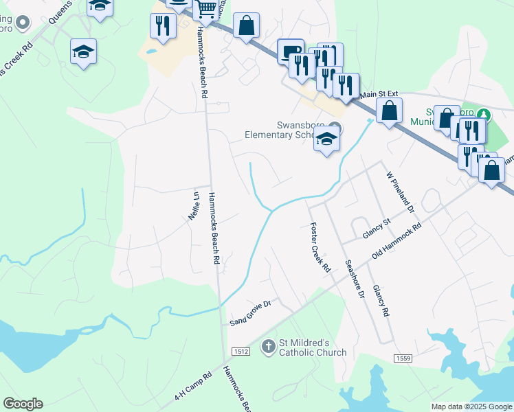 map of restaurants, bars, coffee shops, grocery stores, and more near 122 Forest Lane in Swansboro