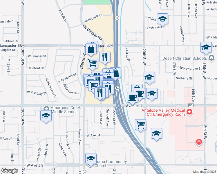 map of restaurants, bars, coffee shops, grocery stores, and more near 44530 Valley Central Way in Lancaster