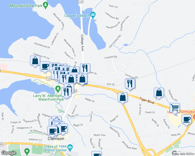 map of restaurants, bars, coffee shops, grocery stores, and more near 211 Boggs Street in Clemson