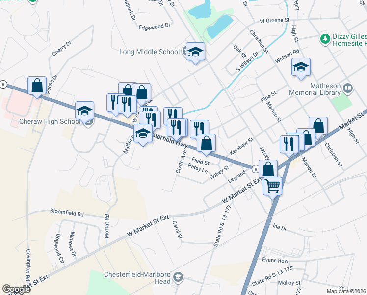 map of restaurants, bars, coffee shops, grocery stores, and more near 309 Clyde Avenue in Cheraw