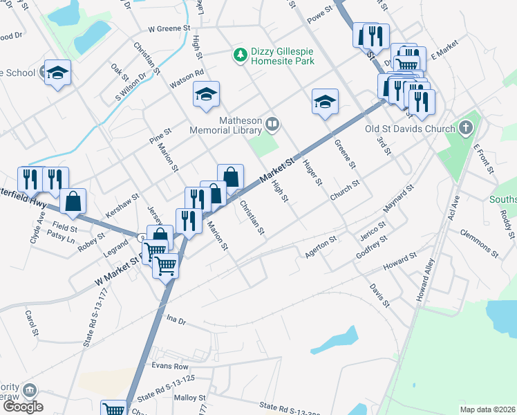 map of restaurants, bars, coffee shops, grocery stores, and more near 116 Christian Street in Cheraw
