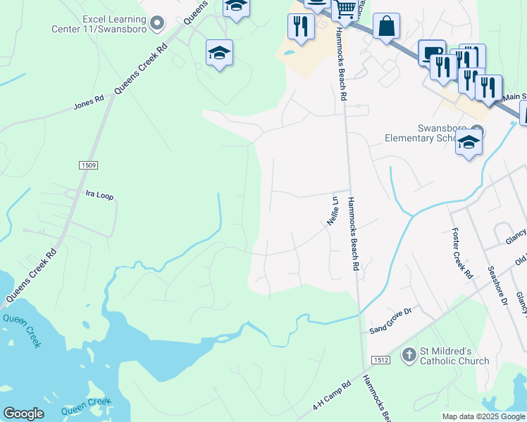 map of restaurants, bars, coffee shops, grocery stores, and more near 213 Pigeon Lane in Swansboro