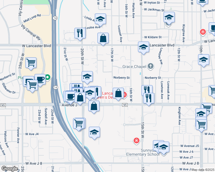 map of restaurants, bars, coffee shops, grocery stores, and more near 44516 Camolin Lane in Lancaster