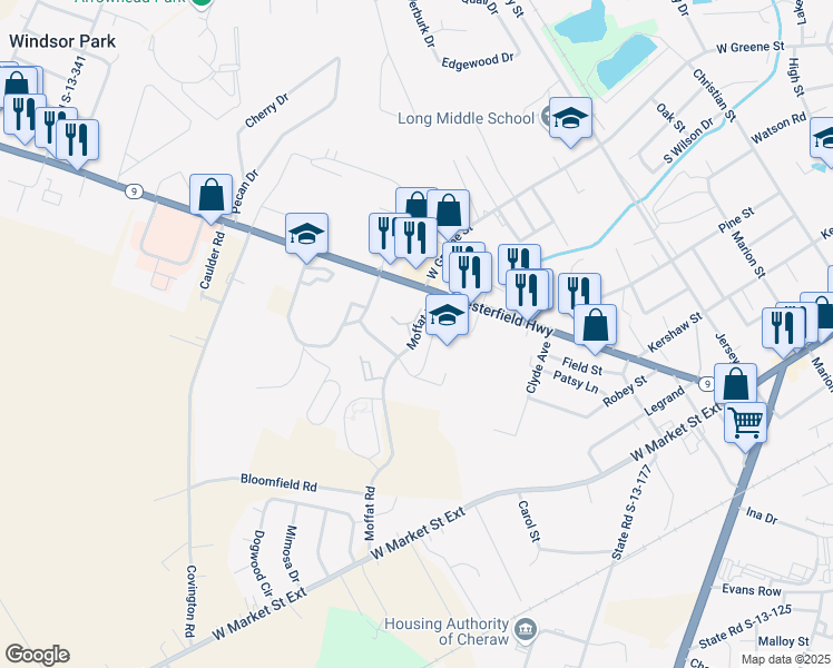map of restaurants, bars, coffee shops, grocery stores, and more near 100 Moffat Drive in Cheraw