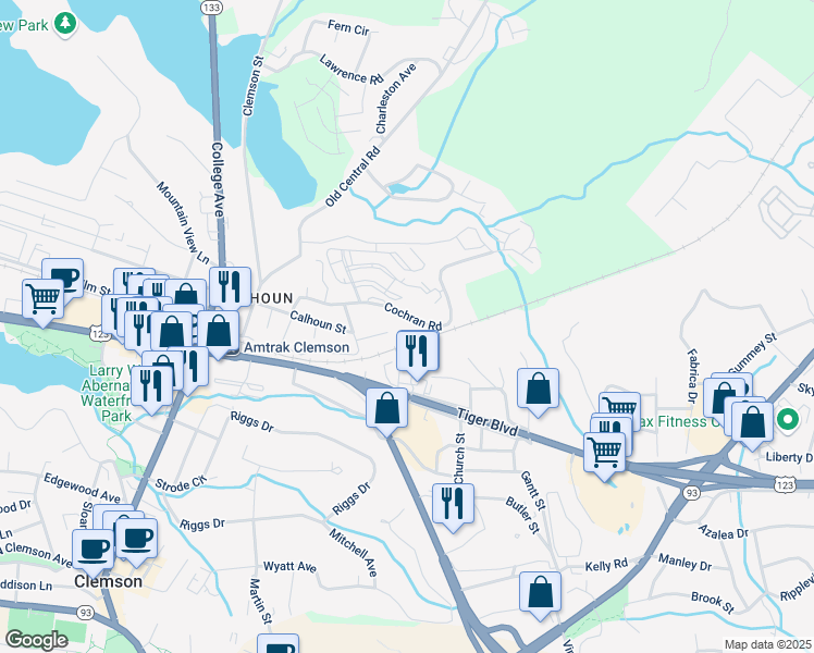map of restaurants, bars, coffee shops, grocery stores, and more near 128 Cochran Road in Clemson
