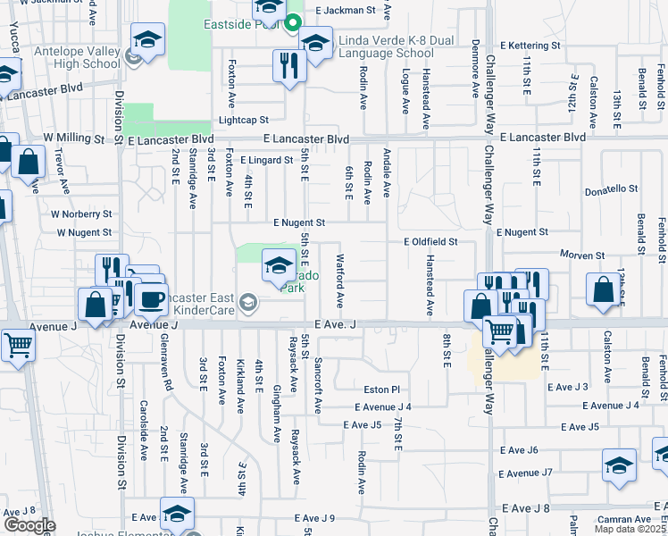 map of restaurants, bars, coffee shops, grocery stores, and more near 44509 Watford Avenue in Lancaster