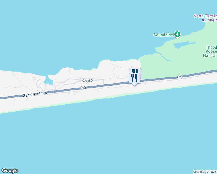 map of restaurants, bars, coffee shops, grocery stores, and more near Murex Drive in Pine Knoll Shores