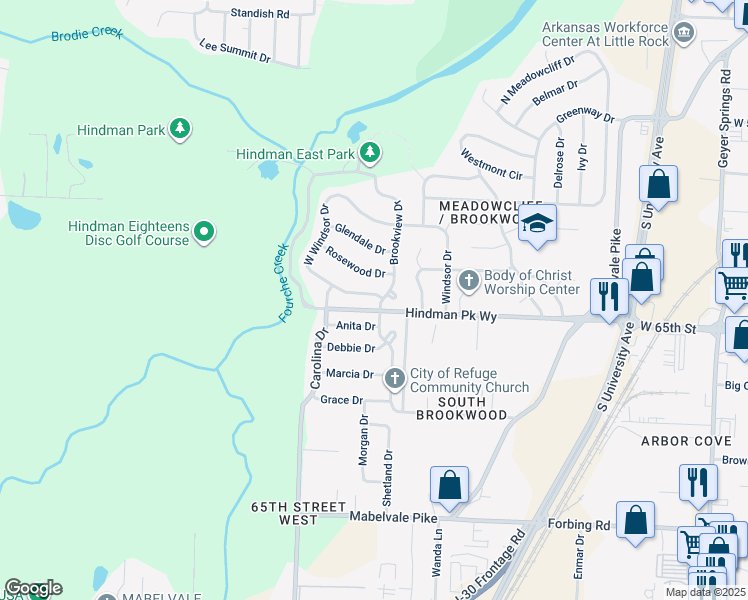 map of restaurants, bars, coffee shops, grocery stores, and more near 97 West Windsor Drive in Little Rock