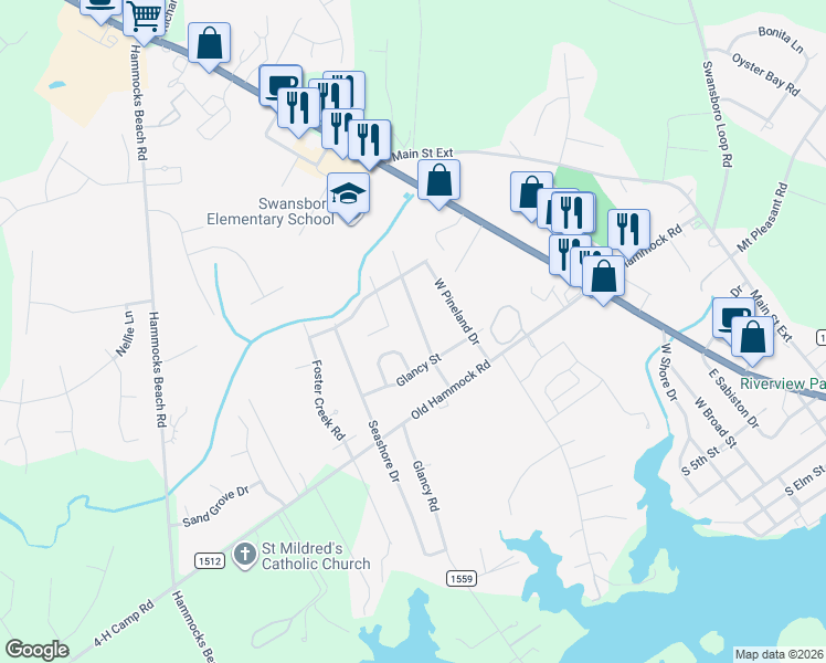 map of restaurants, bars, coffee shops, grocery stores, and more near 822 South Dogwood Lane in Swansboro