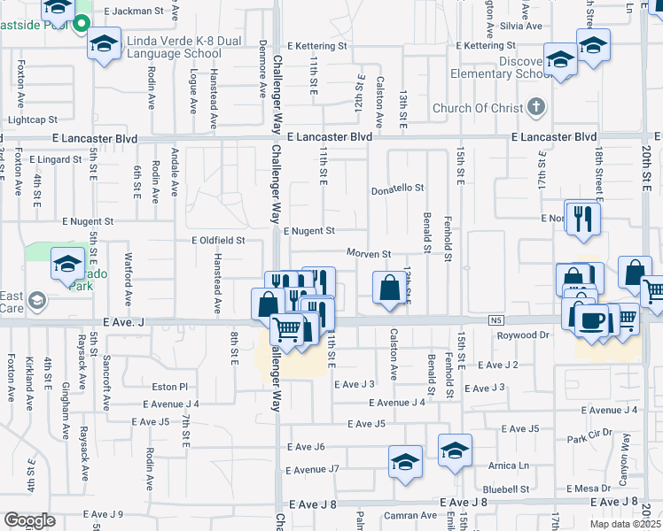 map of restaurants, bars, coffee shops, grocery stores, and more near 1111 Caperton Street in Lancaster
