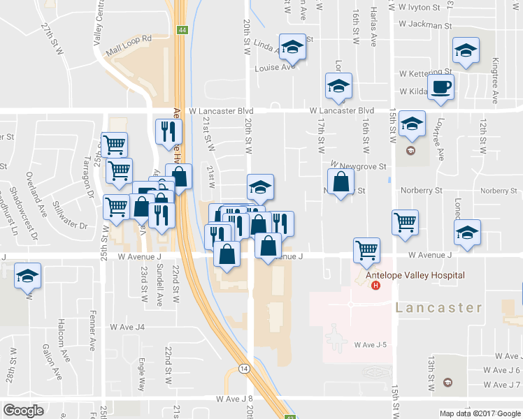 map of restaurants, bars, coffee shops, grocery stores, and more near 44514 20th Street West in Lancaster