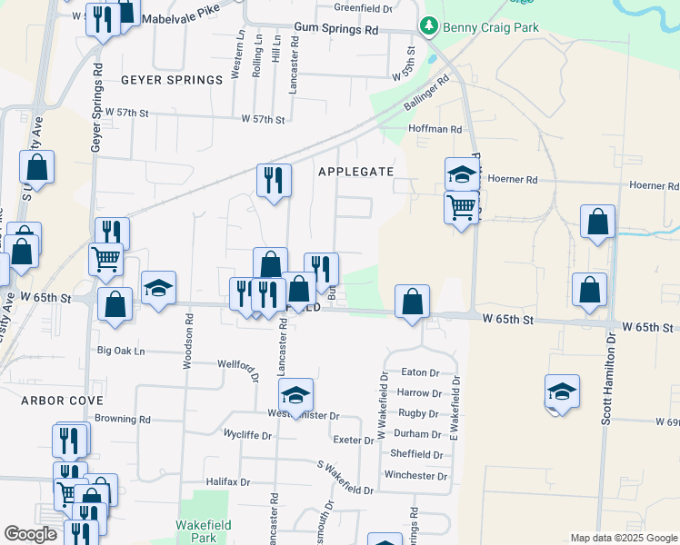 map of restaurants, bars, coffee shops, grocery stores, and more near 6313 Butler Road in Little Rock