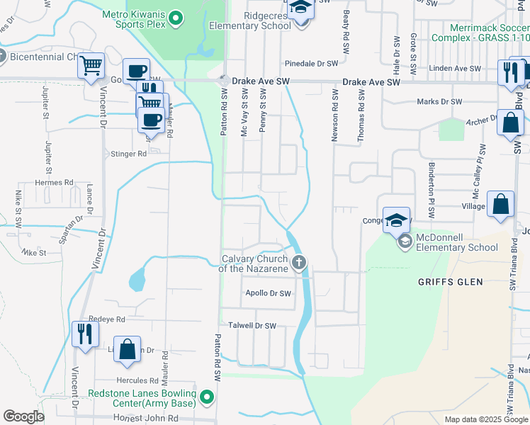 map of restaurants, bars, coffee shops, grocery stores, and more near 4200 Penny Street Southwest in Huntsville