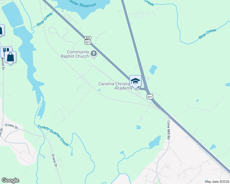map of restaurants, bars, coffee shops, grocery stores, and more near 1596 Old Camden Highway in Lancaster