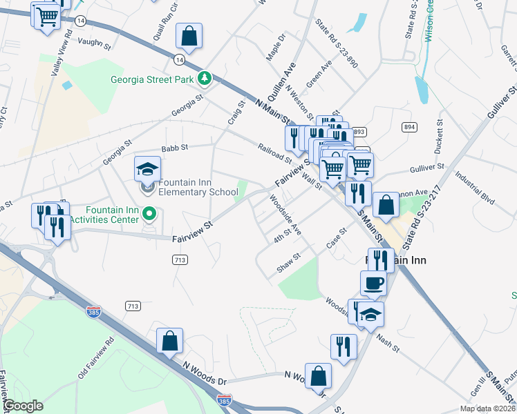 map of restaurants, bars, coffee shops, grocery stores, and more near 107 1st Street in Fountain Inn