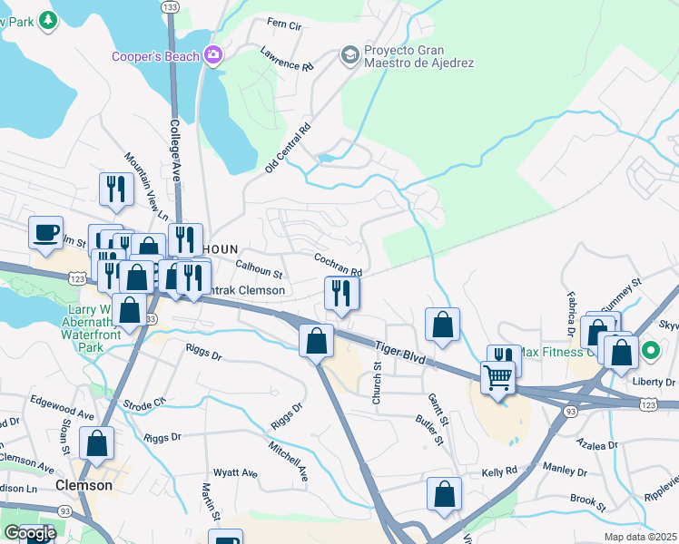 map of restaurants, bars, coffee shops, grocery stores, and more near 134 Cochran Road in Clemson