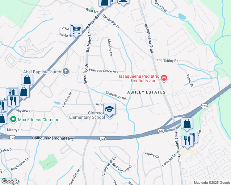 map of restaurants, bars, coffee shops, grocery stores, and more near 107 Shaftsbury Road in Clemson
