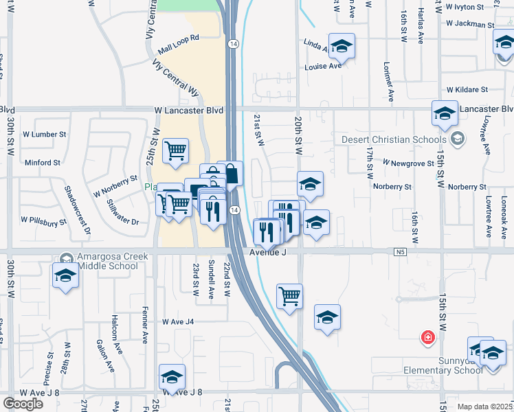 map of restaurants, bars, coffee shops, grocery stores, and more near 2103 West Avenue J in Lancaster