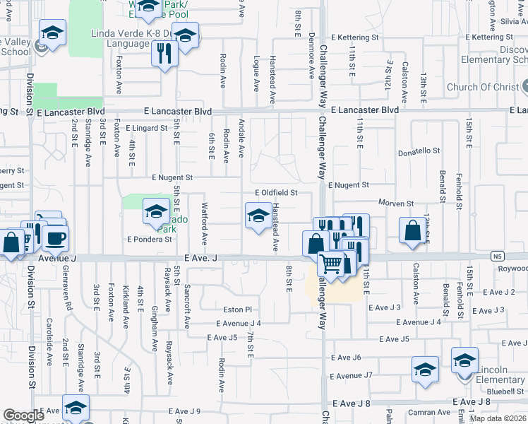 map of restaurants, bars, coffee shops, grocery stores, and more near 44512 North Tabler Avenue in Lancaster