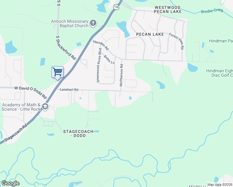 map of restaurants, bars, coffee shops, grocery stores, and more near 9701 Lanehart Road in Little Rock