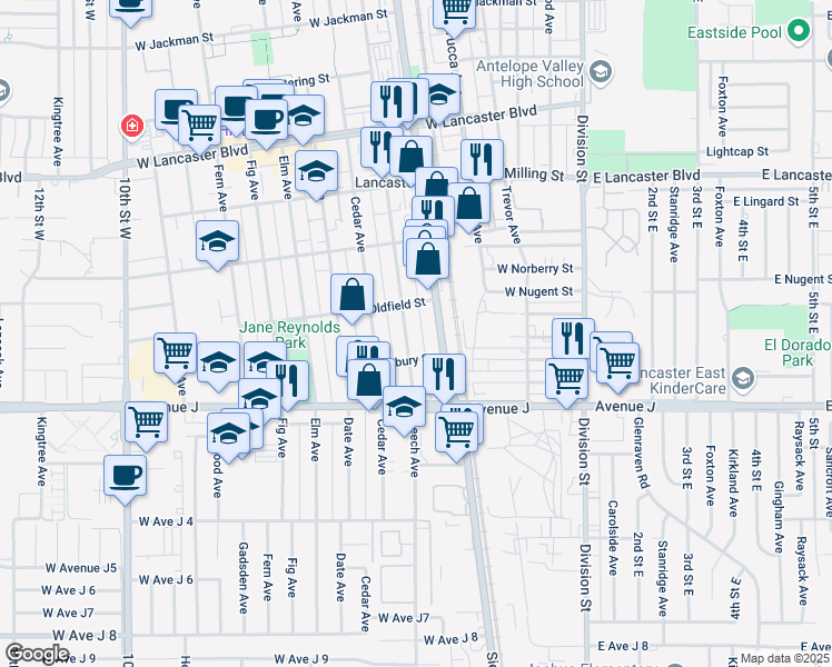 map of restaurants, bars, coffee shops, grocery stores, and more near 44528 Beech Avenue in Lancaster