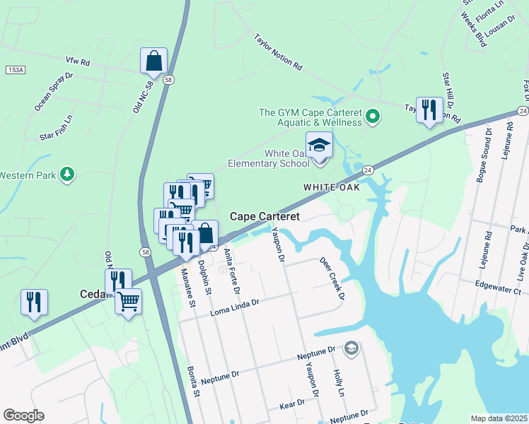 map of restaurants, bars, coffee shops, grocery stores, and more near 415 North Carolina 24 in Cape Carteret