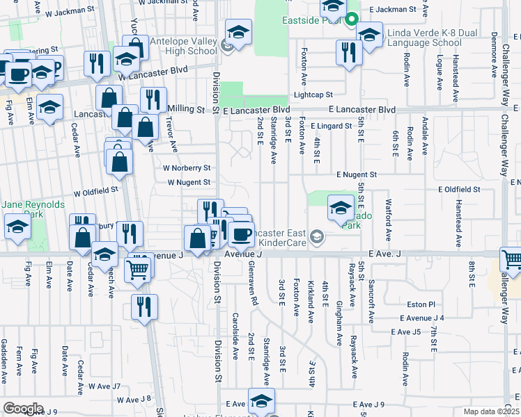 map of restaurants, bars, coffee shops, grocery stores, and more near 44557 2nd Street East in Lancaster
